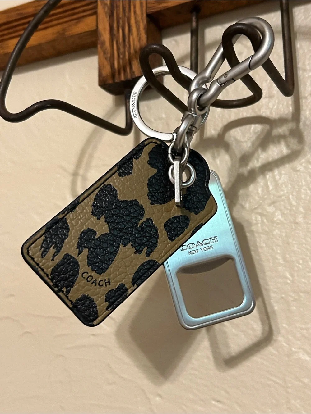 Coach Leopard Print Tan and Black Leather Key Fob with Silver Hardware